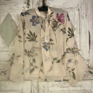 Sheer bell sleeve bow tie botanical patterned top